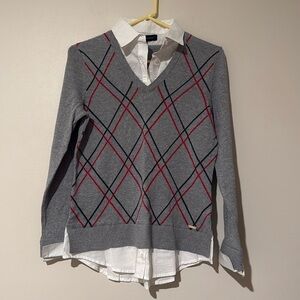 Tommy Hilfiger Womens Gray Argyle Layered-Look Pullover Sweater NWT size XS